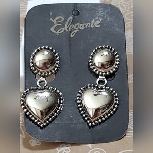 Elegante' Vintage Pierced Earrings**Silvertone Dangle Hearts**NOS**Style #P327